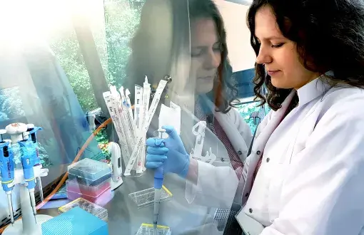 Naukowiec z PŁ przy chemicznym stanowisku laboratoryjnym. Doświadczenie wykonuje za przeźroczystą szybą bezpieczeństwa.