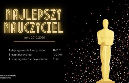 Grafika do Konkursu Najlepszy Nauczyciel roku 2019/2020: na czarnym tle napis nauczyciel roku i statuetka.