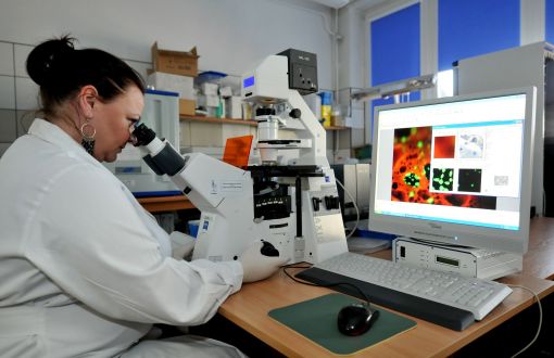 Na pierwszym planie, prawym profilem siedzi kobieta-naukowiec w białym fartuchu, spoglądając w mikroskop. Po prawej na ekranie komputera obraz z mikroskopu z kolorowymi wynikami badań.