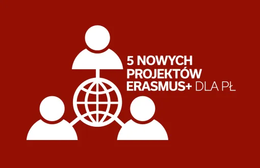 Grafika z napisem 5 nowych projektów Erasmus+ dla PŁ, szkic globusu ziemskiego z równoleżnikami i południkami połoczony z trzema postaciami - popiersiami