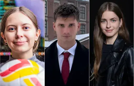 kolaż 3 zdjęć portretowych, pośrodku mężczyzna w białek koszuli i bordowym garniturze, po bokach 2 uśmiechnięte młode klobiety